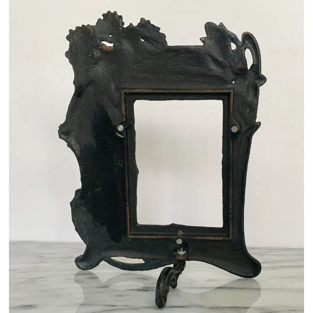 VTG Cast Iron W Copper Wash Photo Frame Art Nouveau Woman Floral w Stand